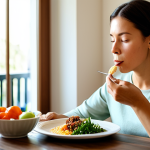 A calm adult woman in modest professional-casual attire, gently bringing a spoonful of food to her mouth, eyes softly focused on the plate. She is sitting at a clean wooden dining table in a brightly lit, minimalist dining room. Soft natural light streams in through a window, with a small green plant visible in the background. The scene emphasizes mindful consumption, appreciating the food's aroma and appearance. Professional photography, high detail, warm color palette, fully clothed, appropriate attire, safe for work, appropriate content, perfect anatomy, correct proportions, natural pose, well-formed hands, proper finger count, natural body proportions, family-friendly.