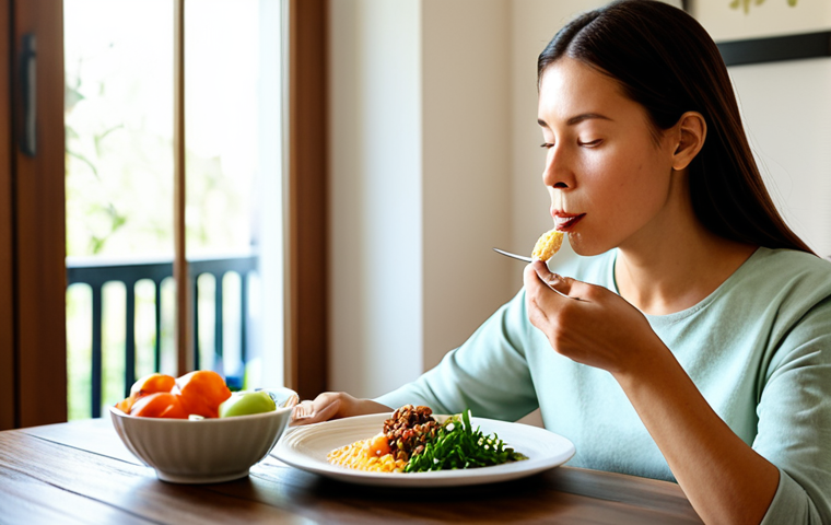 A calm adult woman in modest professional-casual attire, gently bringing a spoonful of food to her mouth, eyes softly focused on the plate. She is sitting at a clean wooden dining table in a brightly lit, minimalist dining room. Soft natural light streams in through a window, with a small green plant visible in the background. The scene emphasizes mindful consumption, appreciating the food's aroma and appearance. Professional photography, high detail, warm color palette, fully clothed, appropriate attire, safe for work, appropriate content, perfect anatomy, correct proportions, natural pose, well-formed hands, proper finger count, natural body proportions, family-friendly.